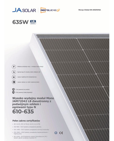 JA Solar JAM72D42-625/LB 625W N-typ Bifacial Podwójne Szkło
